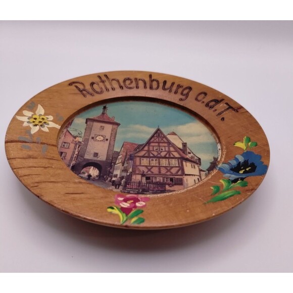 Rothenburg O D T Germany Plate Carved Painted Alpine Flowers Wood MCM - Picture 3 of 9